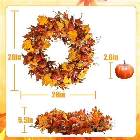 New 28 Inch Fall Wreath for Front Door Outside Large Artificial Autumn Wreath - Picture 3 of 7